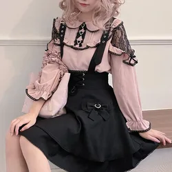 Kawaii Lolita Zwart Roze Shirts Y 2K Esthetische Japanse Vrouwen Gothic Kanten Ruches Lange Mouw Blouses Elegante Meisjes Sweet Tops