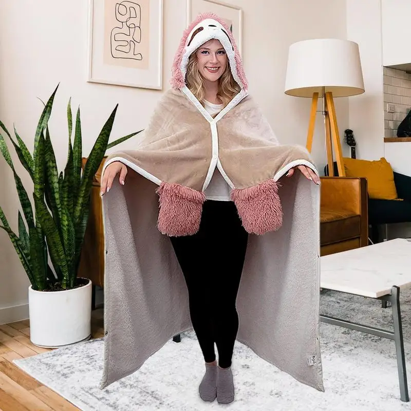 Coperta con cappuccio Cartoon donna coperta invernale con cappuccio indossabile per la famiglia morbida coperta TV con guanti coperta con cappuccio in flanella