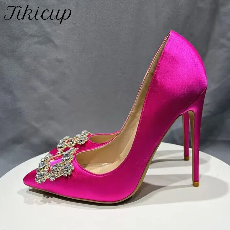 Tikicup Square Rhinestones Women Rose  Silk Satin Sexy Pointy Toe High Heel Wedding Bridal Shoes Elegant Ladies Stiletto Pumps