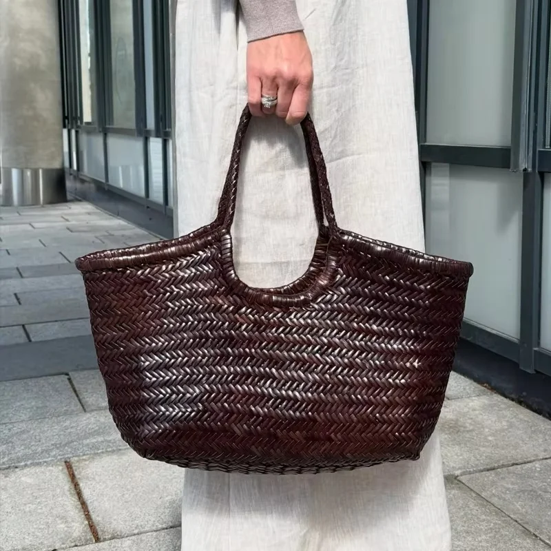 Leather Woven Bag, Large-Capacity Women's Tote Bag, Holiday Leisure Top Layer Cowhide Shoulder Bag, Vegetable Basket Bag.