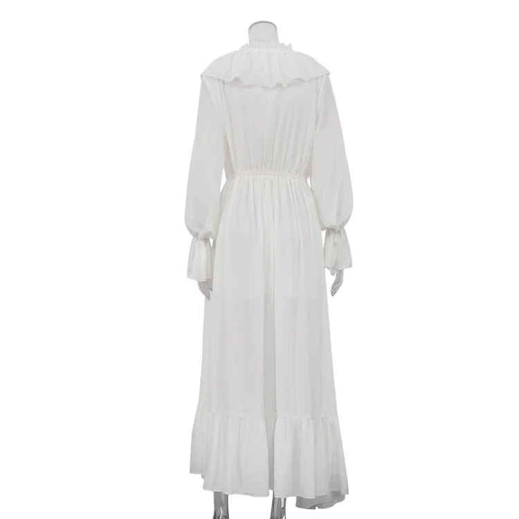 Robe longue blanche style Boho, manches longues, col en v, ample, à volants, en mousseline de soie, Maxi, vêtements, nouvelle collection 2025