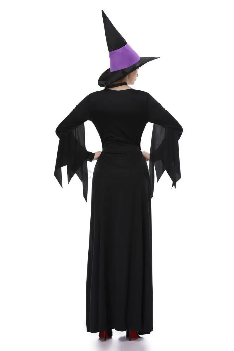 Scary Halloween Costumes Woman Gothic Witch Cosplay Costumes Vampire Carnival Party Purple Deluxe Long Robe Set with Hat