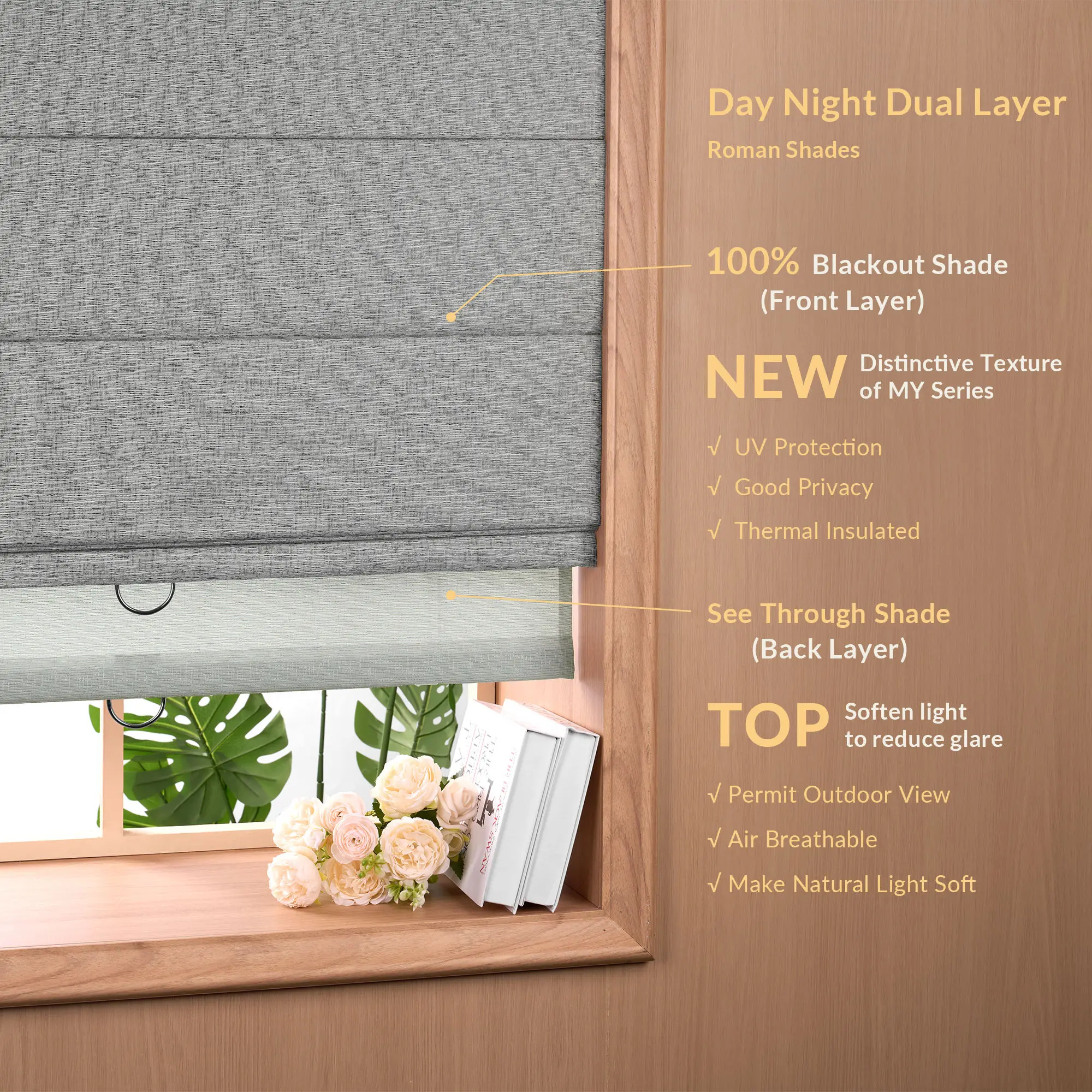 Custom Design Day Night Dual Layer 100% Blackout Manual Free-stop Durability Roman Blinds For Bedroom