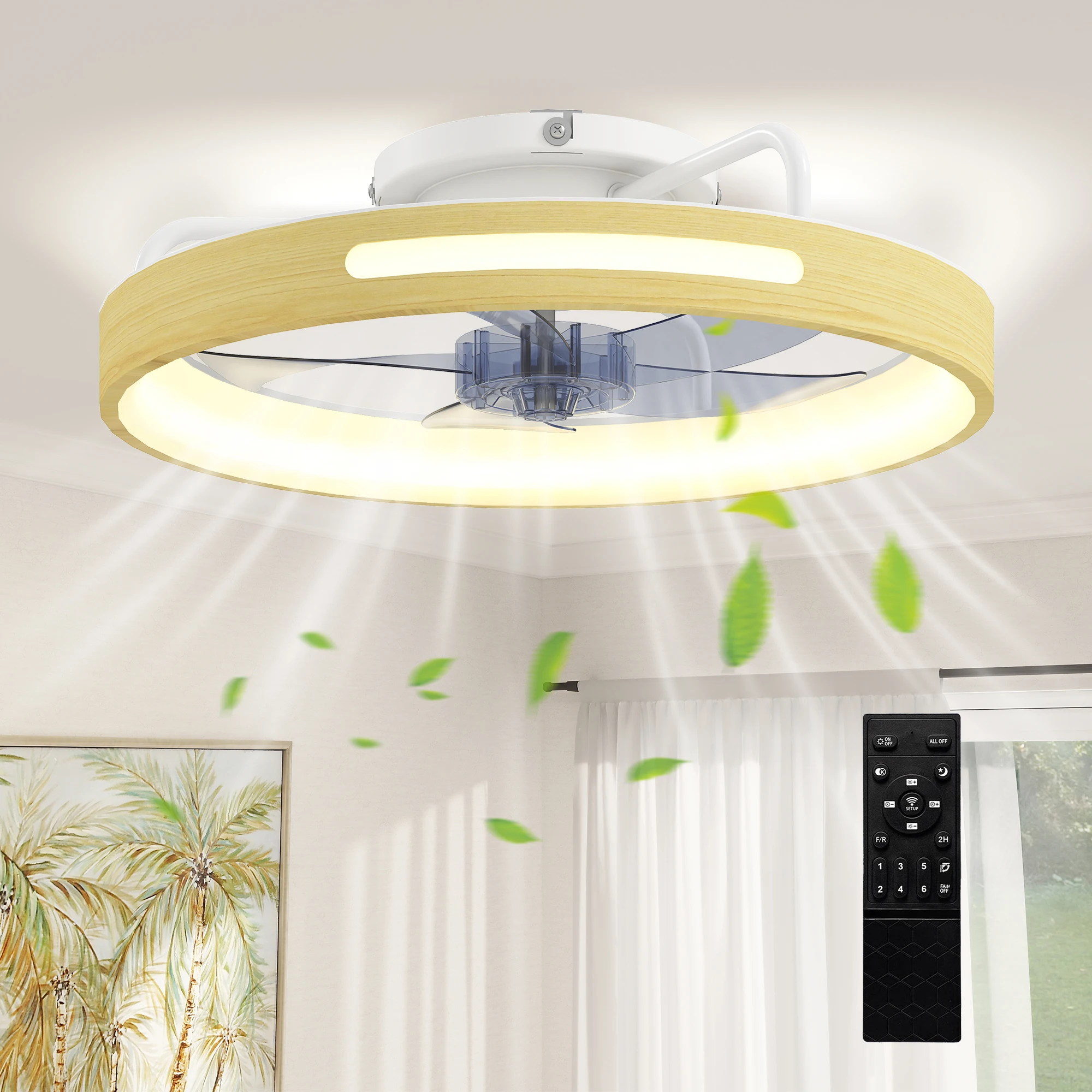 Ventilador de techo con luz y control remoto, ventilador de techo LED de 49 cm, tres temperaturas de color, adecuado para dormitorio, estudio o comedor, superficie de madera natural