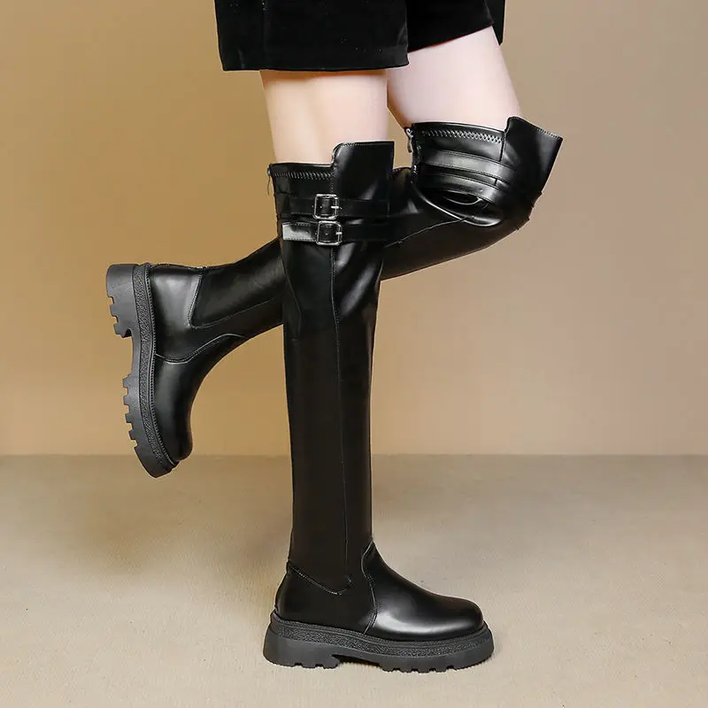 

Women's Black Stretchy Over The Knee Boots 2025 New Design Sole Slimming Round Toe Low Heel High Top Biker Motorcycle Boots