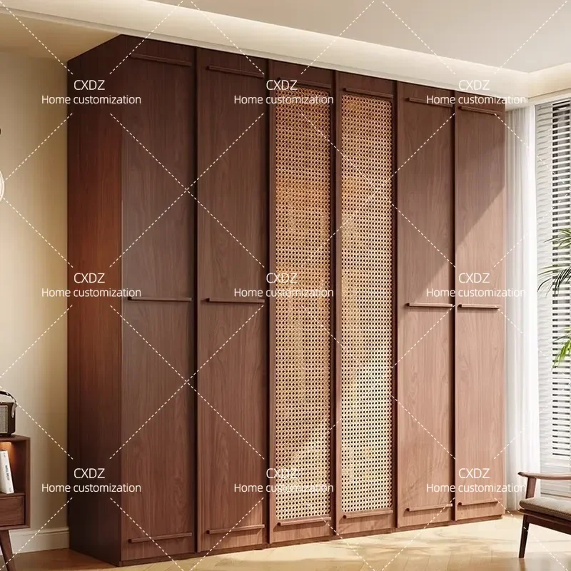 FAS Grade Walnut Wardrobe Solid Wood Handle Rattan Door Cabinet Bedroom Home Combination Finished Product Storage Wardrobe