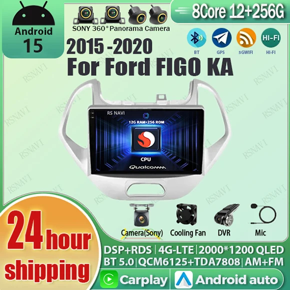 

Android 15 Carplay Auto Qualcomm 2K QLED экран автомобильный радиоплеер для Ford FIGO KA 2015 2016-2020 GPS DSP стерео BT WIFI 4G DVD