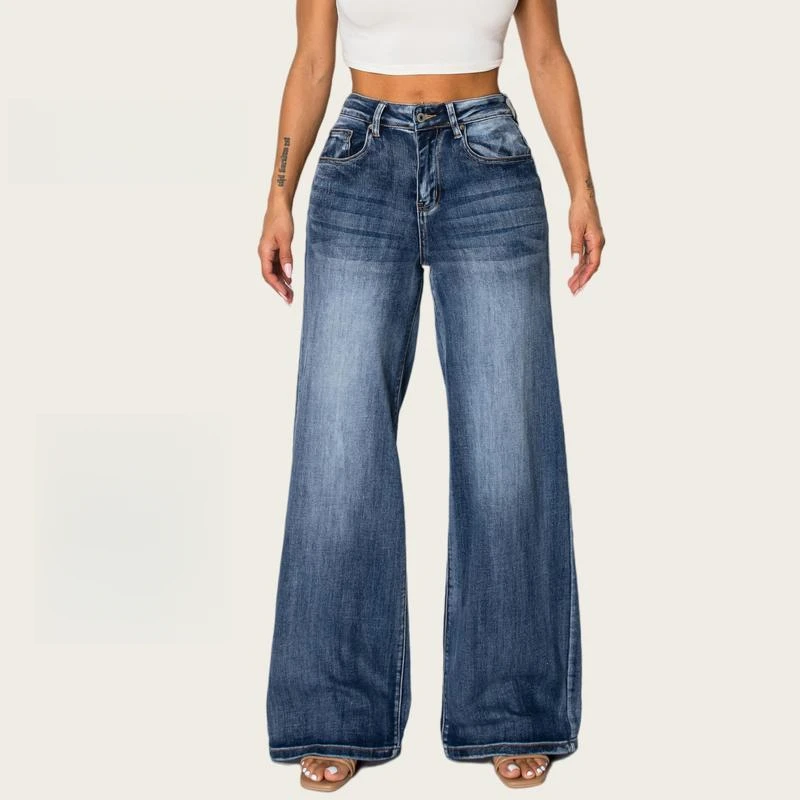 Women High Rise Stretch Wide Leg Baggy Jeans-Dark Wash With Everything Stretchy Zip-Up Trousers SH25F12