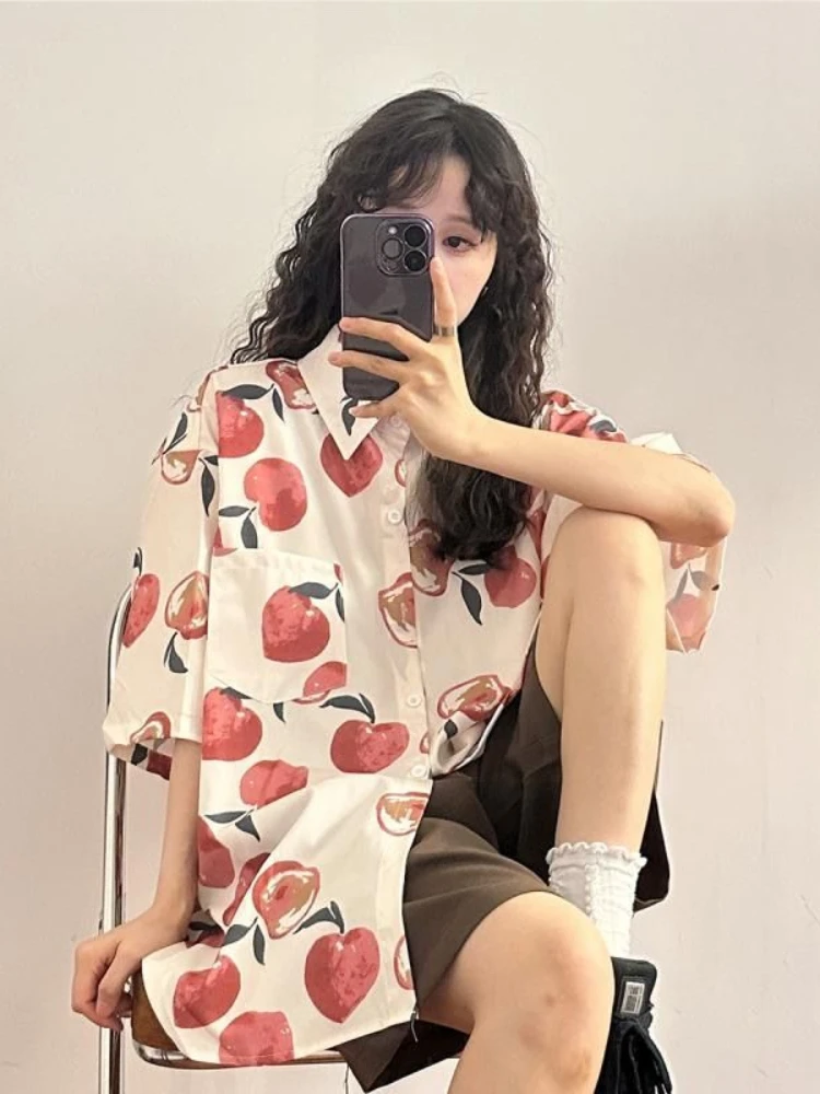 Adagirl Japan Stijl Honing Perzik Print Strandkleding Vest Cover Ups Blouse Femme Zomer Oversized T-Shirt Casual Tops Kleding