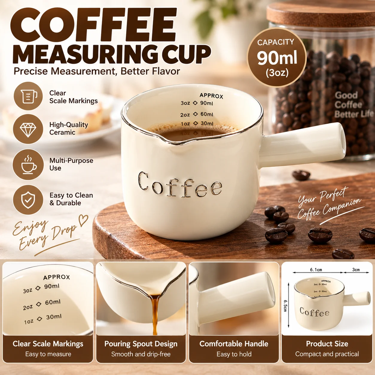 1/2 Pc Korean Ins Feel 3 Oz/90 Ml Ceramic Measuring Cup Espresso Extract Mug Spinner Milk Mug With Scale Kitchen Tools