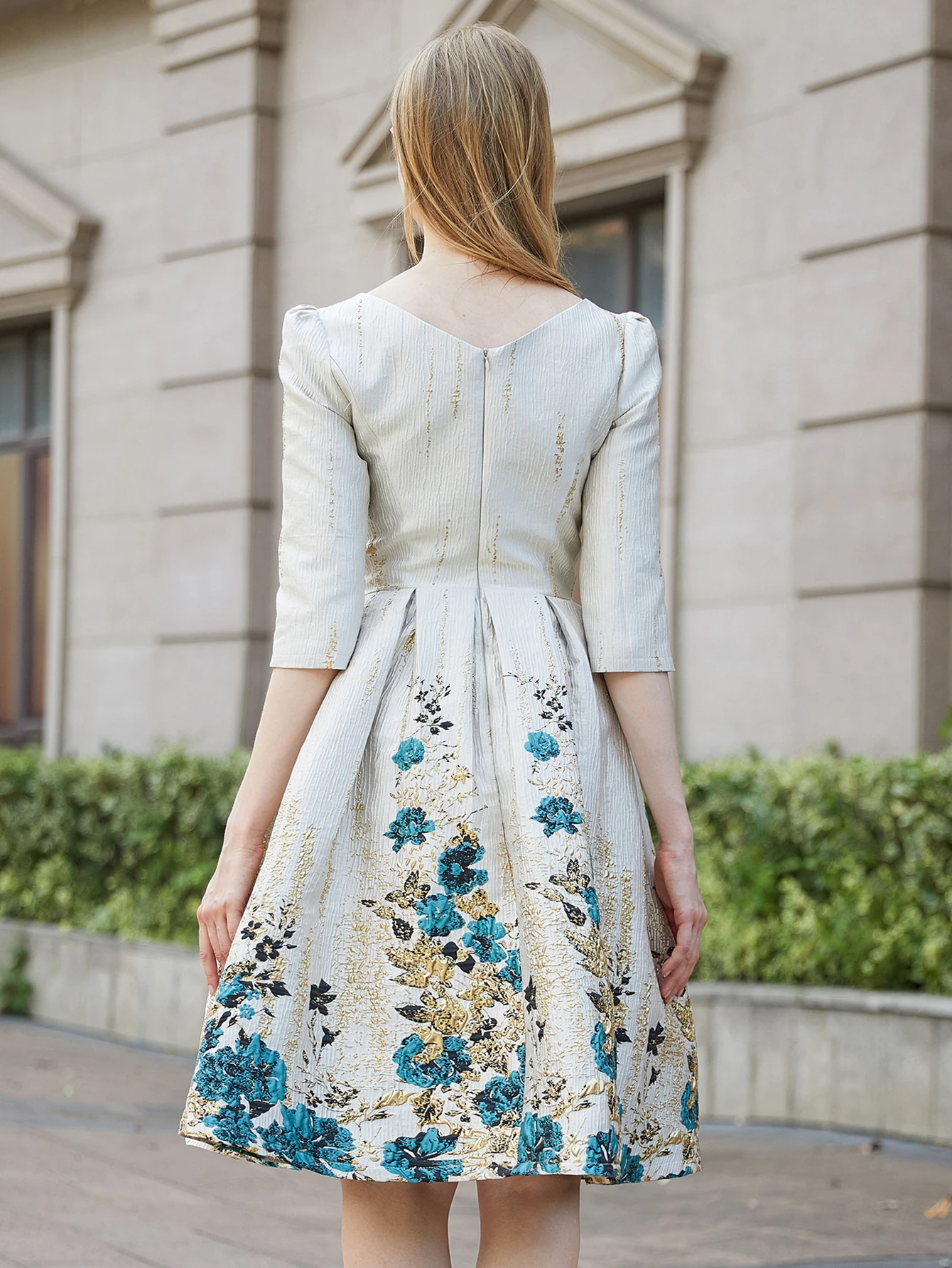 DEVCHATA Luxury Women Jacquard Mid-Calf Dress Spring Autumn New Floral Fashion Evening Party Vestidos