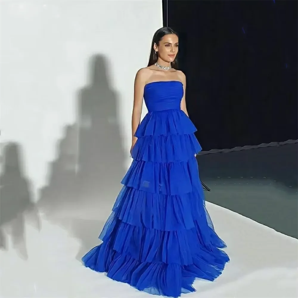 

Customized Blue Strapless Long Ball Gown Backless sleeveless Tulle Multilayer Formal Evening Dress Elegant Party Dresses Woman