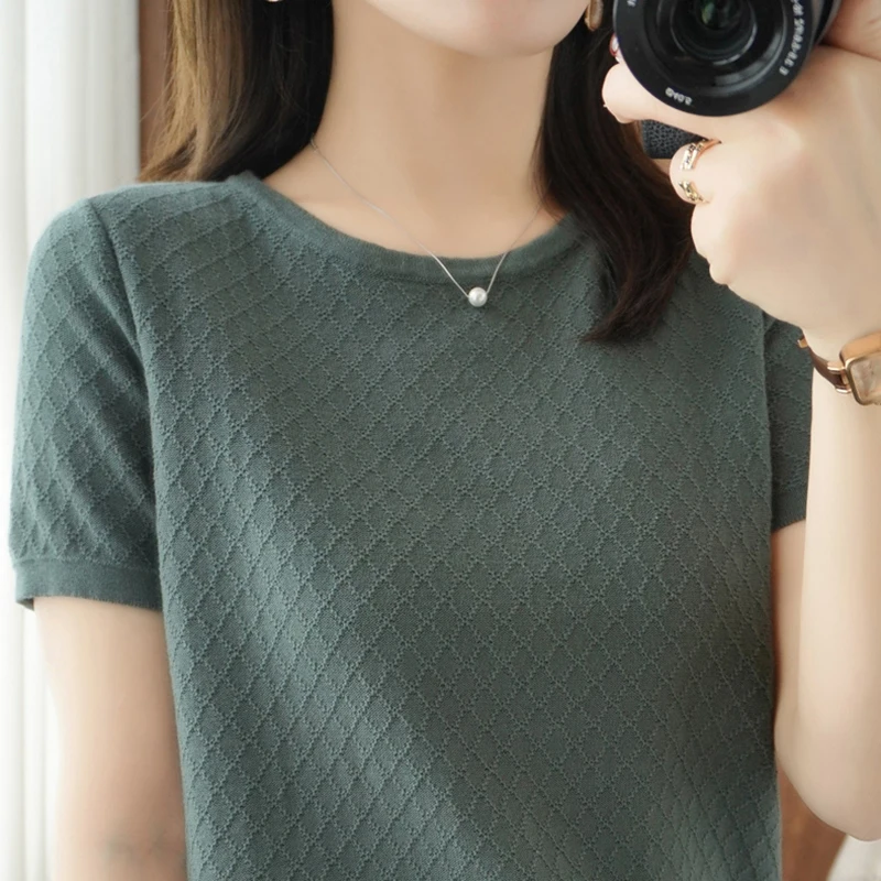 Plaid Knitted T Shirt Women Short Sleeve O-Neck Tee Shirt Korean Fashion Womens Clothing T Shirts Summer Tops Camisetas Mujer