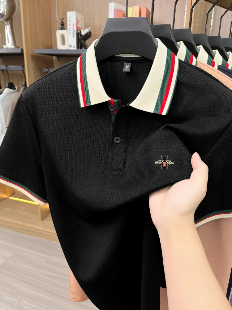 High-End Seide Baumwolle Kurzarm Herren POLO Shirt Sommer Mode Marke Boutique Bienen Stickerei Freizeit Business Flip-up T-Shirt – Detail 25
