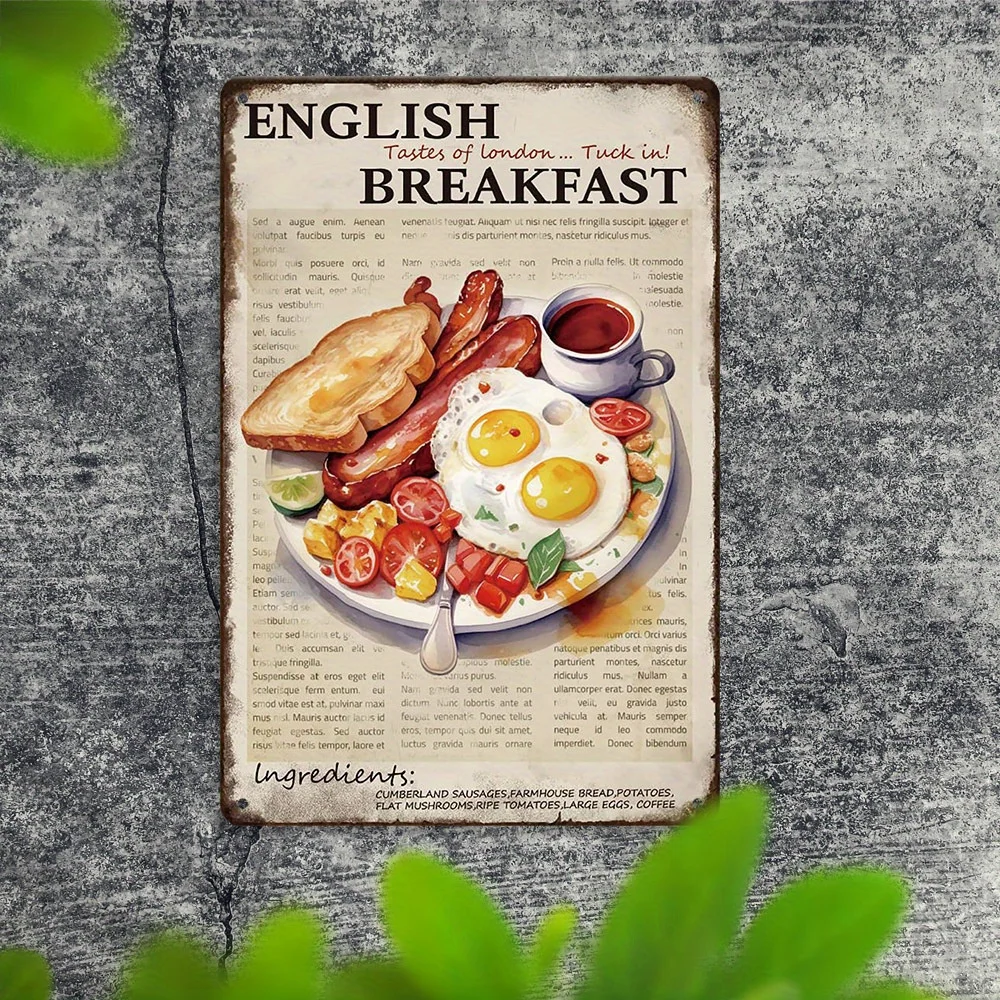 Vintage British Breakfast Metal Sign Waterproof Dustproof Wall Art with Classic Food Theme, for Home, Bar, Cafe, Restaurant Deco