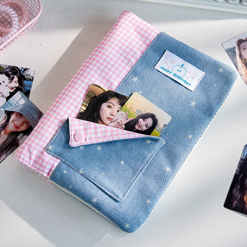 Pink Plaid Denim Patchwork 3 Inch Four Grid Photocard Binder DIY Photo Album Card Holder for Photocards Storage Card Book