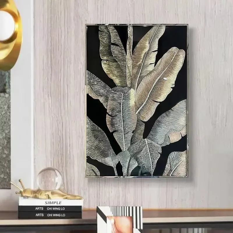 Pintura em Esmalte 3D de Folhas com Diamantes Aplicados à Mão, Arte de Parede em Vidro Temperado, Decoração para Casa, Estilo Nórdico