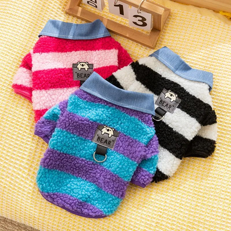 

Colourful Striped Shirt Collar Dog Clothes Thickened Warm Pet Two Legs Fleece Coat Winter Teddy New Coat Puppy Clothing XS-XL