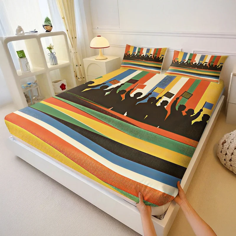 Fashion Sports Fan Fitted Sheet Set Football Rugby Cheering Crowd Flag Print Bed Sheet Set Elastic Deep Pocket Bed Linen Decor