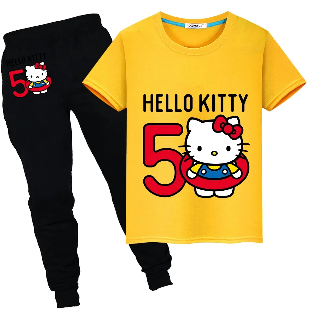 hello kitty Summer Sports suit Short+pant Print 100%Cotton Cute T-shirt Kawaii Tops boys girls clothes Tshirts kid holiday gift