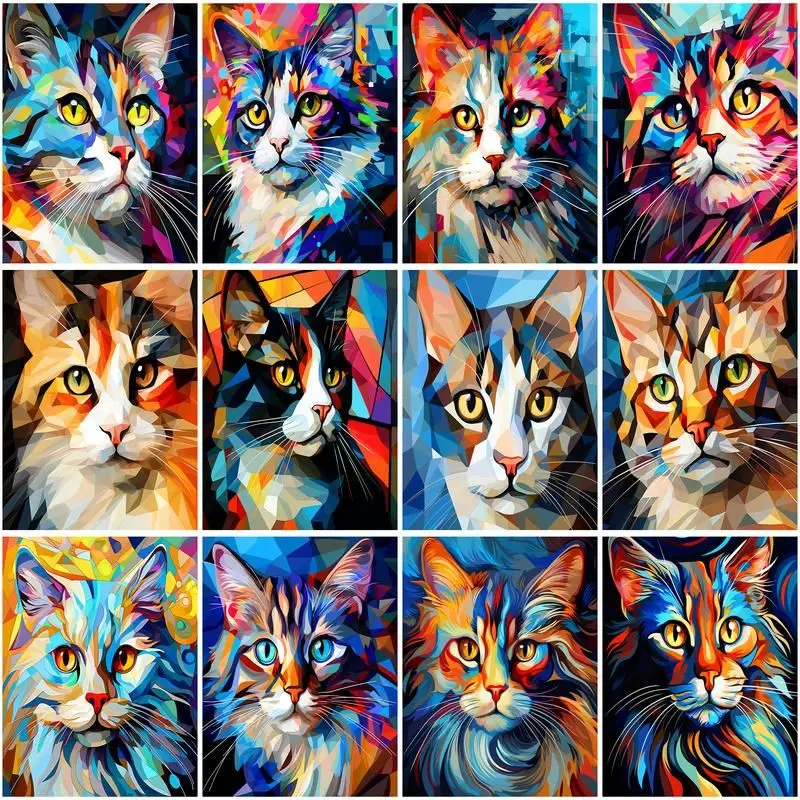 

CHENISTORY Oil Painting Colorful Cat Animal Drawing On Canvas HandPainted Art Gift DIY Coloring By Number Kits Home Decoration