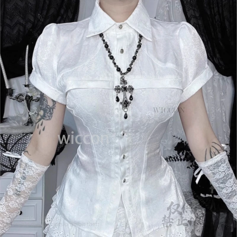 Y2K Jirai Kei Stil Süßes Kurzarmshirt Top Weiße Spitzenbluse Puffy Rock Mädchen Set Top Kleid Damen Outfits Halloween Neu