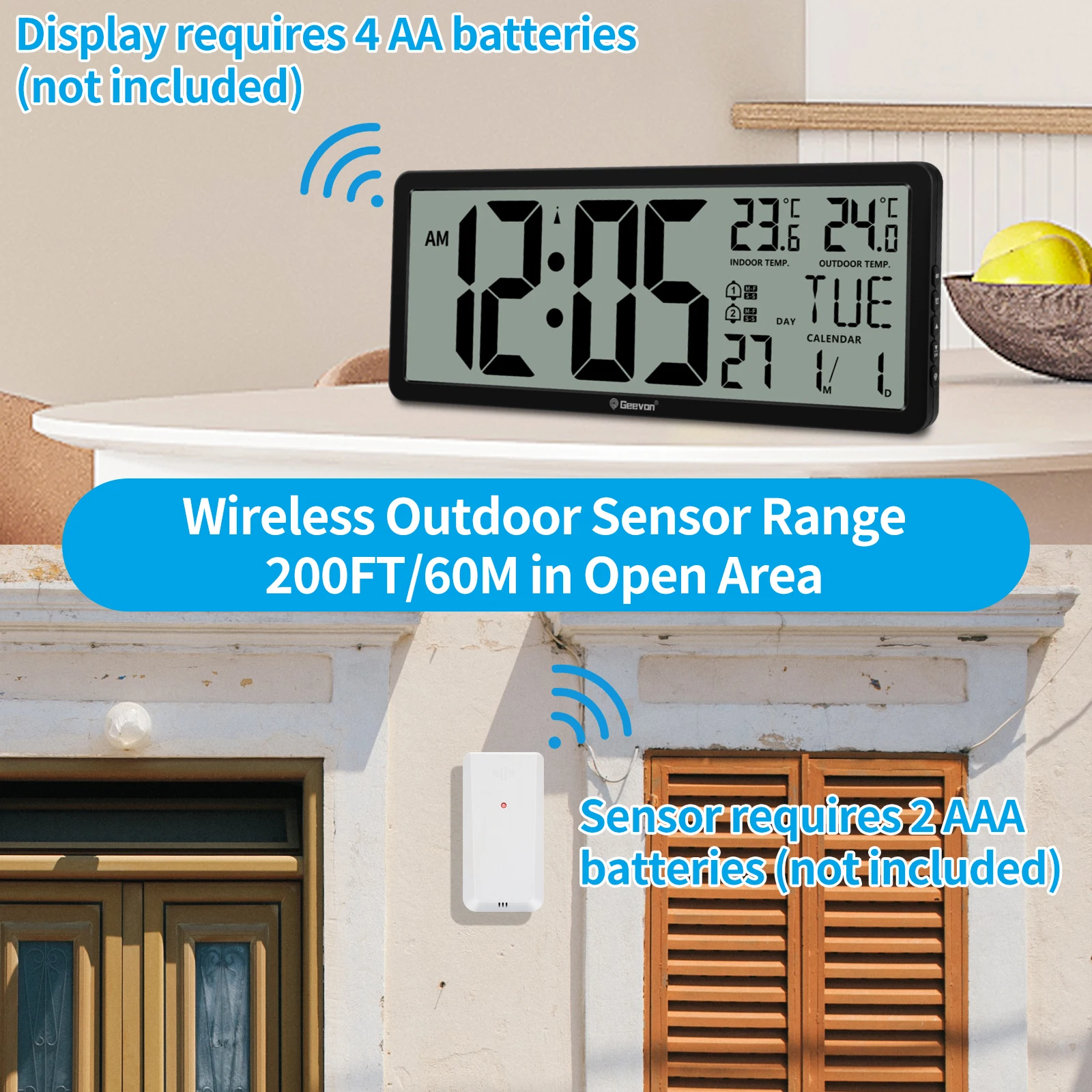 Geevon-Grande relógio de parede Digital LCD com alarme duplo, temperatura interior e exterior, 4,4 polegadas, dígitos para o quarto, 14,3 polegadas