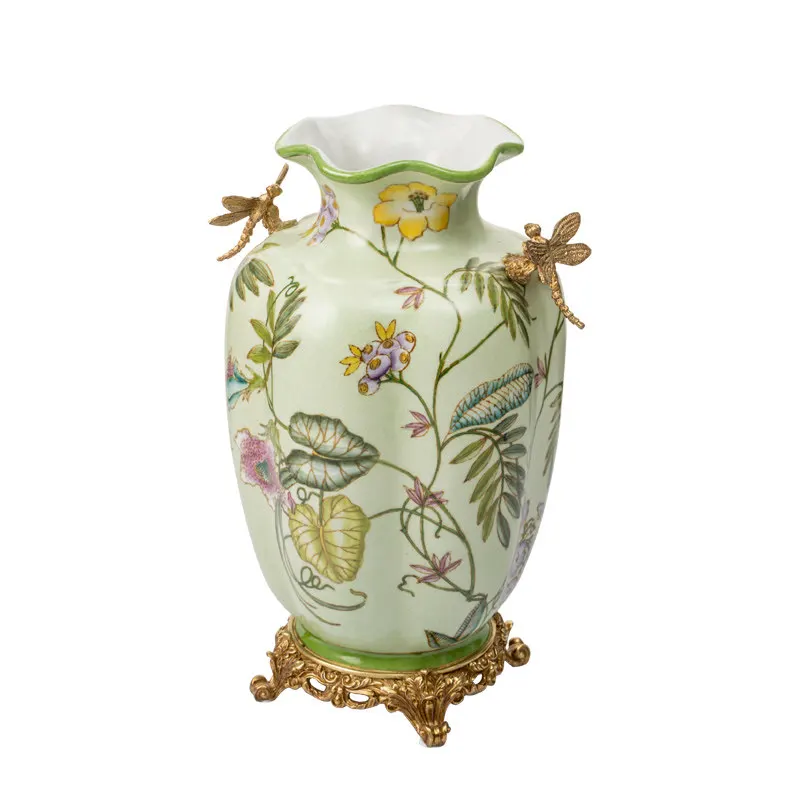 European creative dragonfly vase hand-painted flower ceramic with copper flower arrangement, living room and dining room soft de