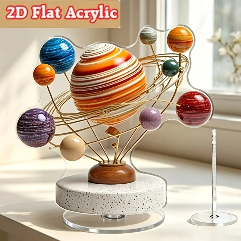 2D Flat, Two-dimensional Acrylic Desktop Ornament Featuring a Rotating Two-dimensional Plane, Depicting a Vibrant Solar System.