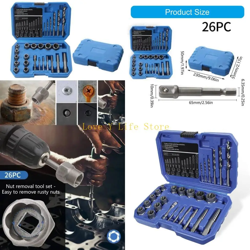 

L74C 26 Piece Rusty Screw Extractor Set Precise Alloy Drill Bit Portable Storage Case