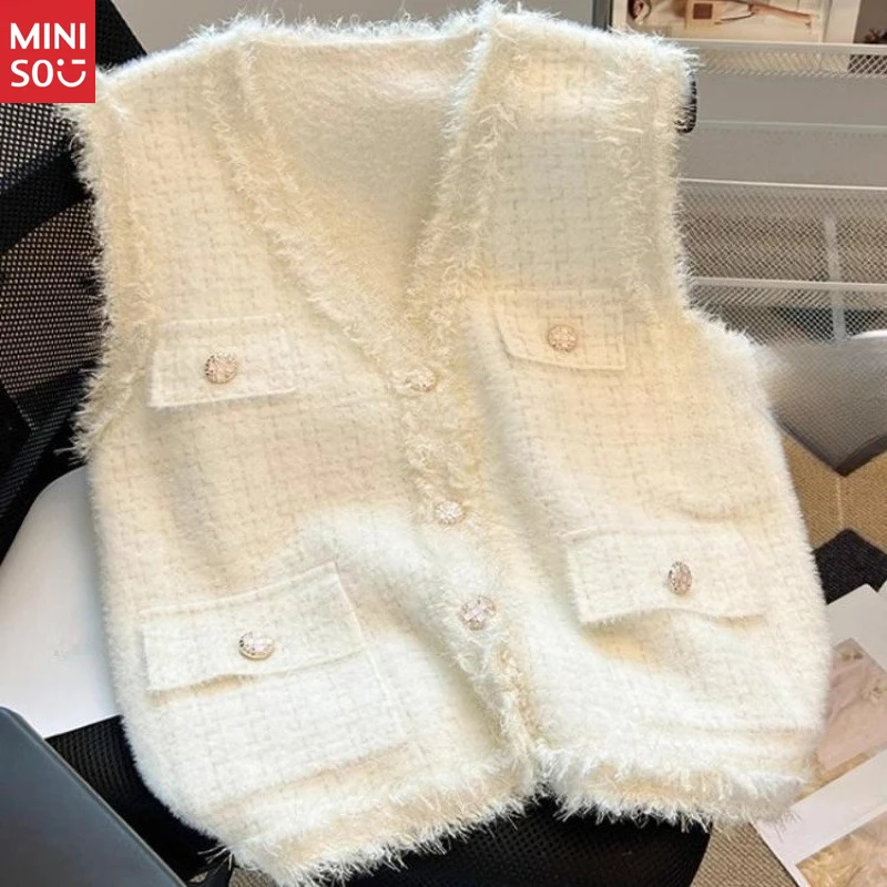 مينيسو 2025 سترة نسائية |   صدرية تويد أنيقة |   سترة كاجوال منسوجة للنساء