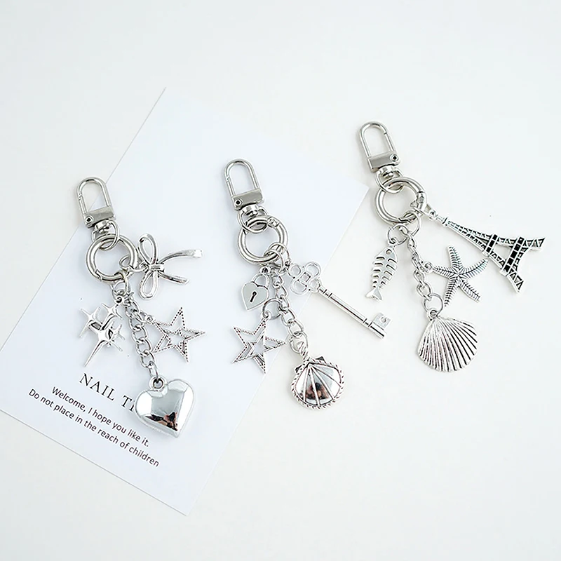 Vintage Metal Starfish Shell Keychain Pendant Creative Y2K Silver Car Keychain Fashion Bag Charm Accessories Gift