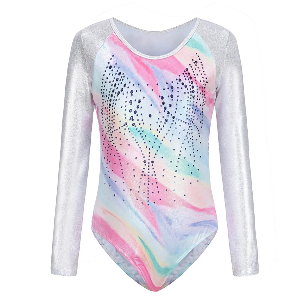 Girls' Long Sleeve Ballet Gymnastics Leotard High Stretch Gradient Print Sparkly Tumbling Dancewear Bodysuit For 5-12 Years .