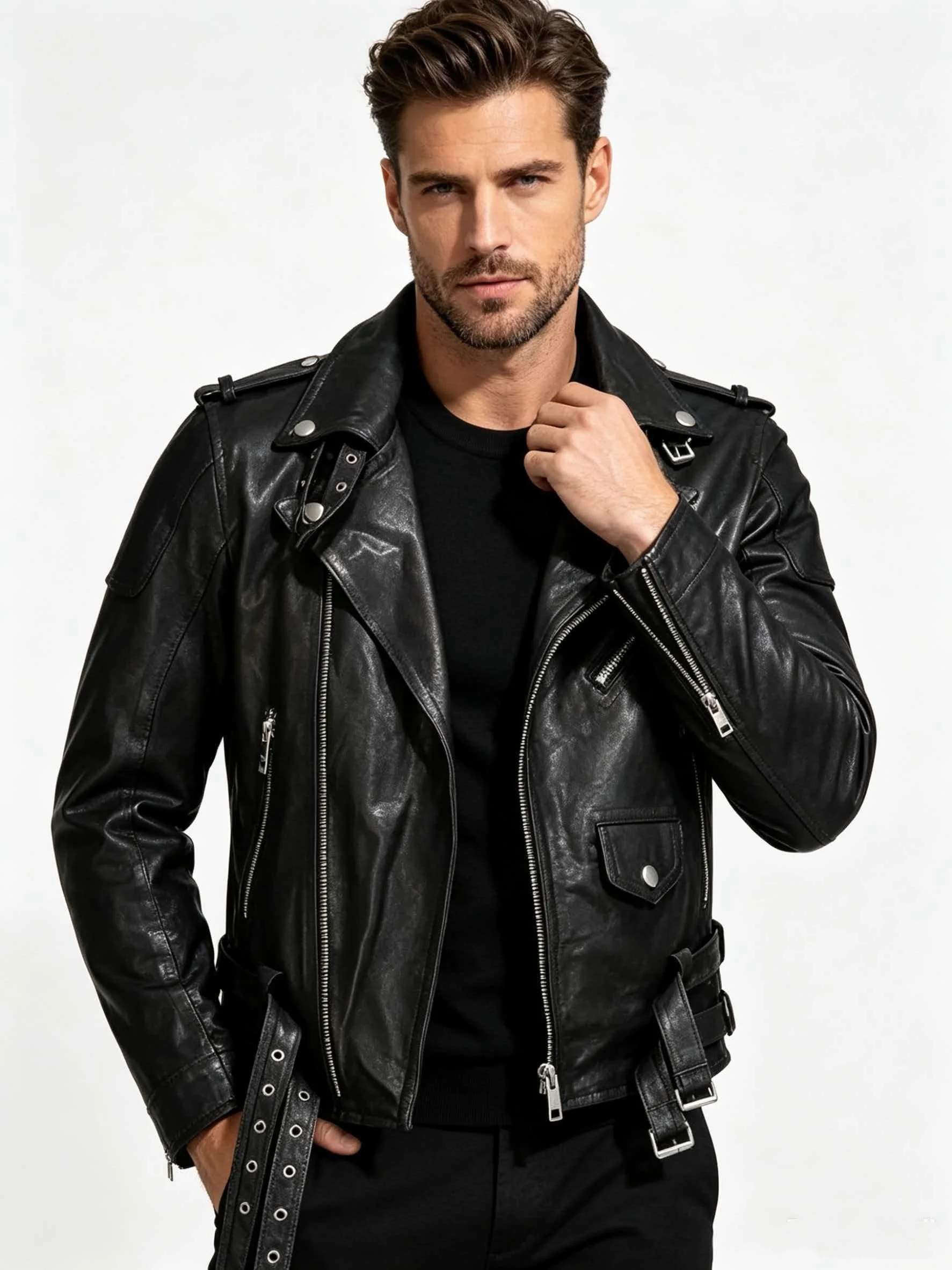 Black Spring Leather Jacket Men Punk Style Plus Size 4XL Genuine Natural Sheepskin Turn-Down Collar Diagonal Zipper Short Coat