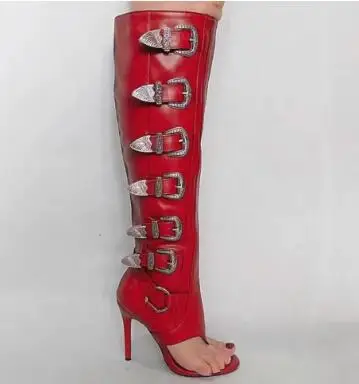 Femmes chaudes noir rouge blanc cuir boucles en métal Clip orteil clair PVC talon aiguille genou sandales hautes bottes à talons hauts bottes longues