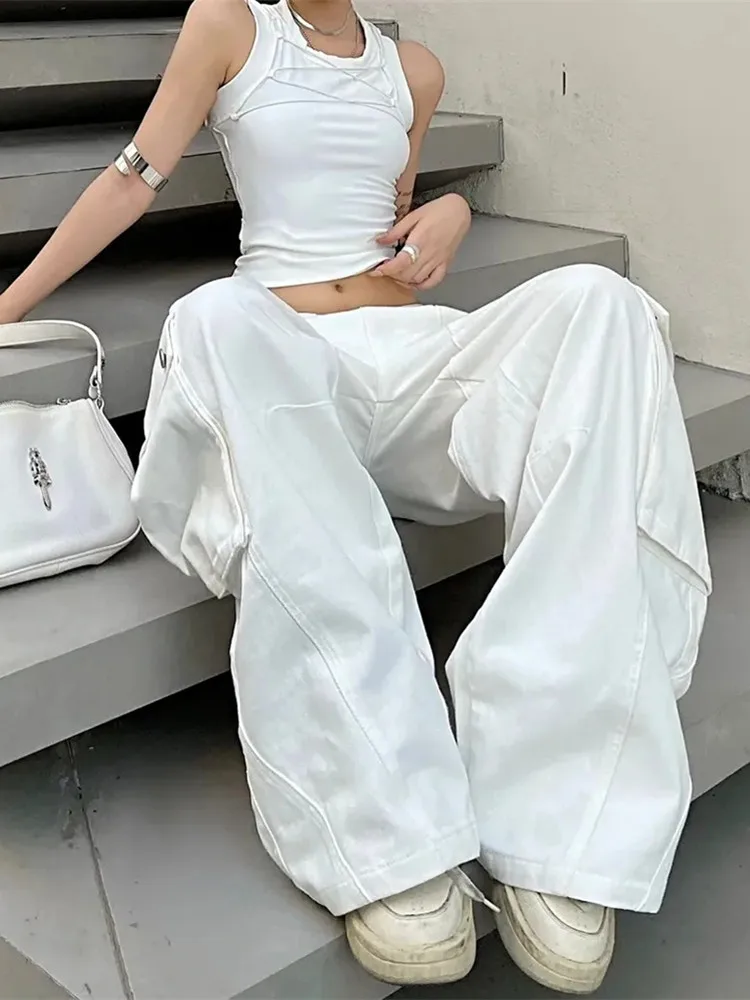 Jean Cargo Baggy Blanc pour Femme, Pantalon Kpop, Jambes Droites et Larges, Mode Coréenne Y2K, Vêtements Décontractés et Élégants, FjLady, Nouveau, 2023