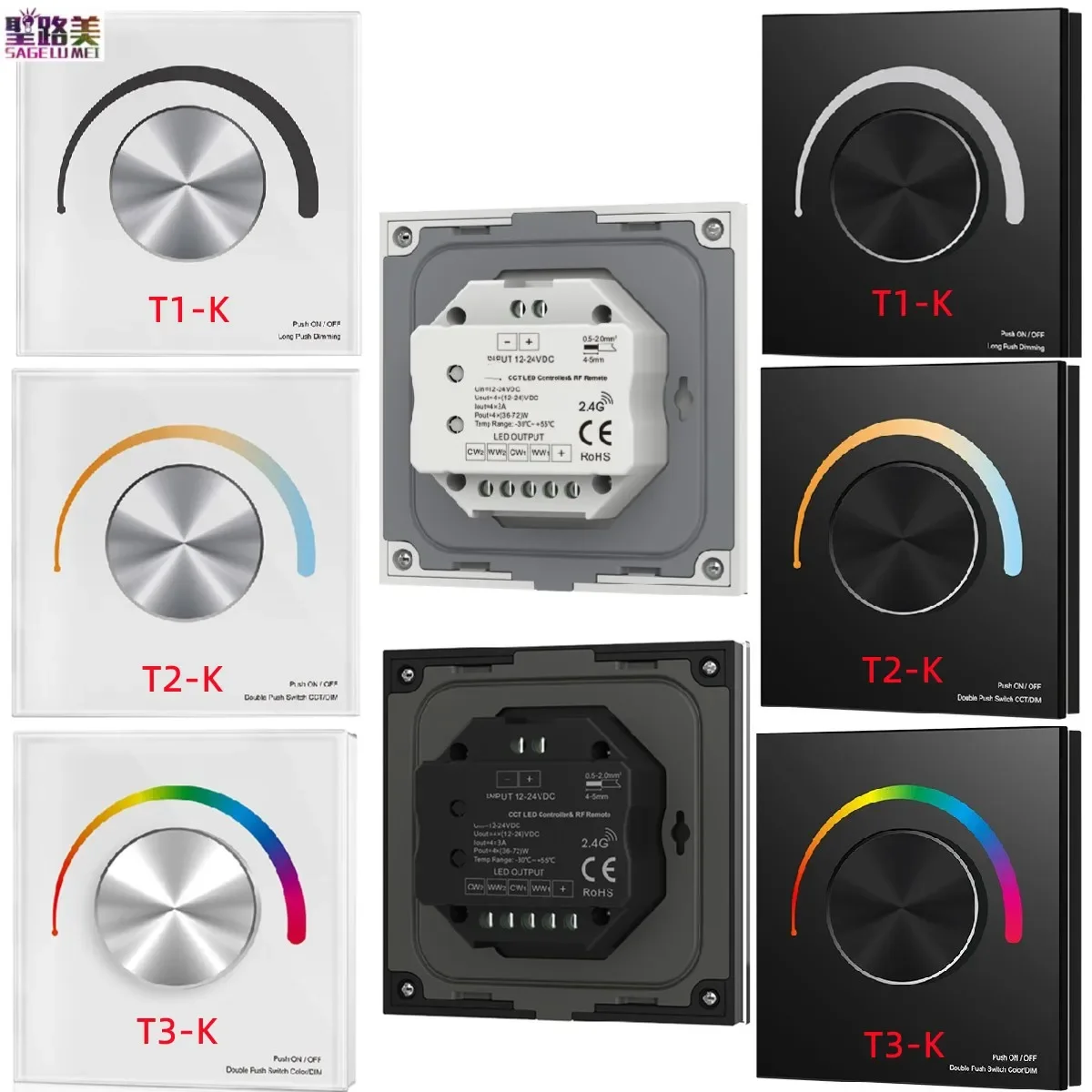 

T1-K /T2-K /T3-K Rotary Panel LED CV Dimmer Wall Mounted Controller DC12-48V for Single Color/Dual Color/RGB/RGBW Strip Light