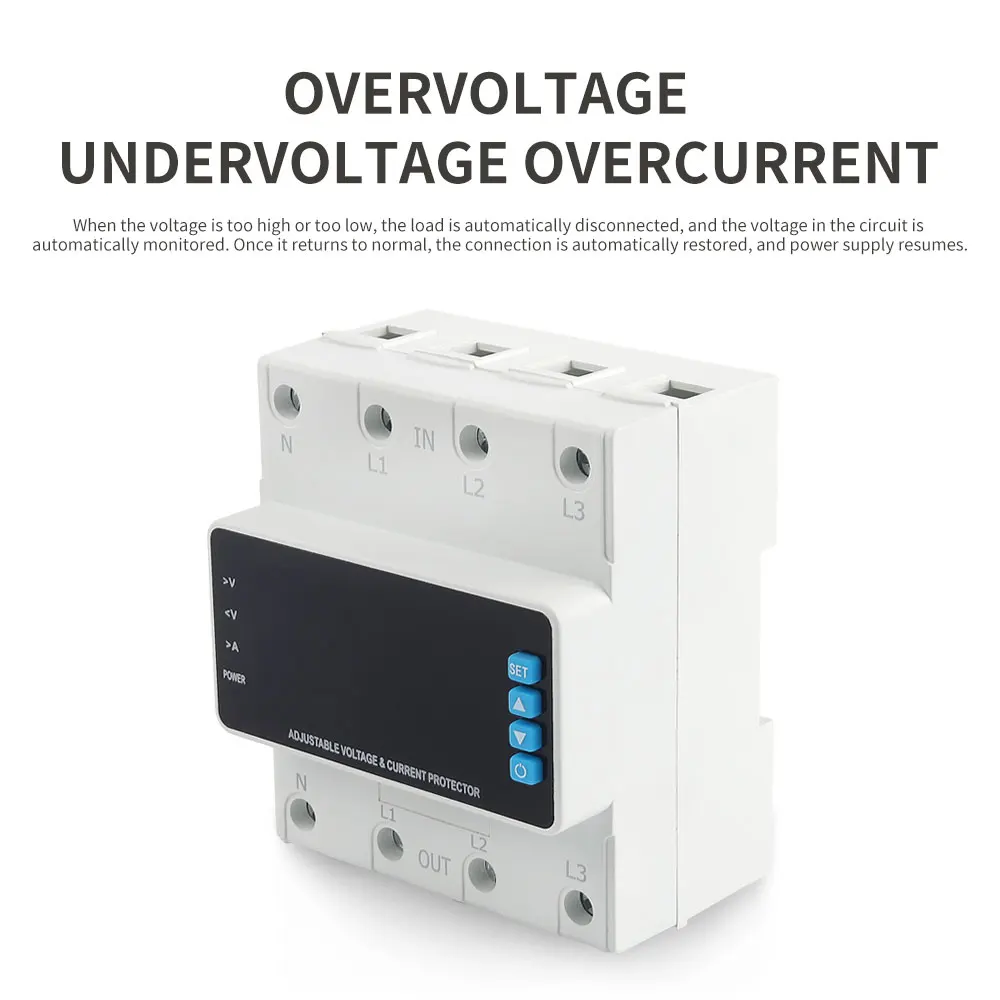 4P 3 Phase Din Rail Mounted Adjustable Over/Under Voltage Protection Device 63A 100A 220VAC Digital Display Voltage Protector
