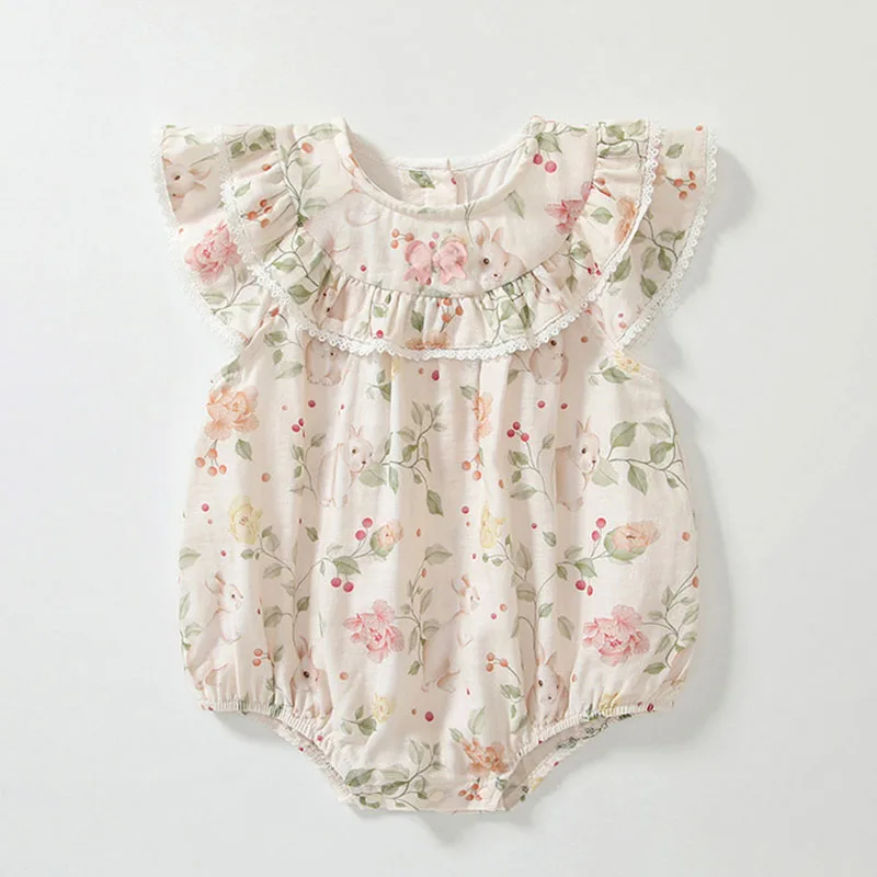 

2025 New Summer 0-24M Children Clothes Infant Baby Girls Bodysuits Flying Sleeve Cotton Printing Toddler Baby Girls Jumpsuit