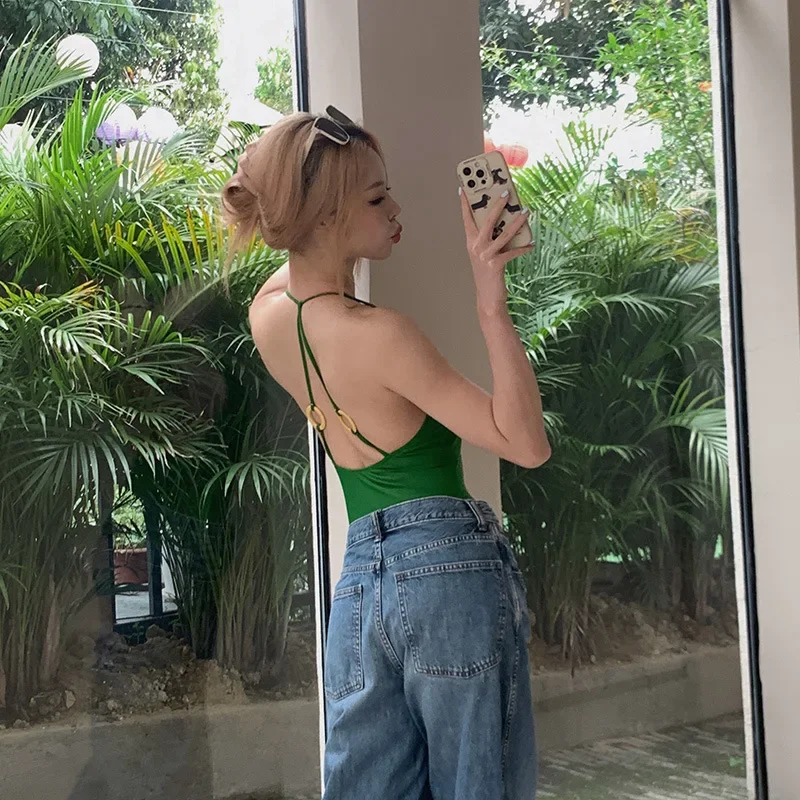 بيكيني ريترو بدون ظهر من قطعة واحدة - بدلة سباحة مثيرة للتخسيس ذات قصة عالية مع تحكم في البطن، بيكيني مثير شفاف