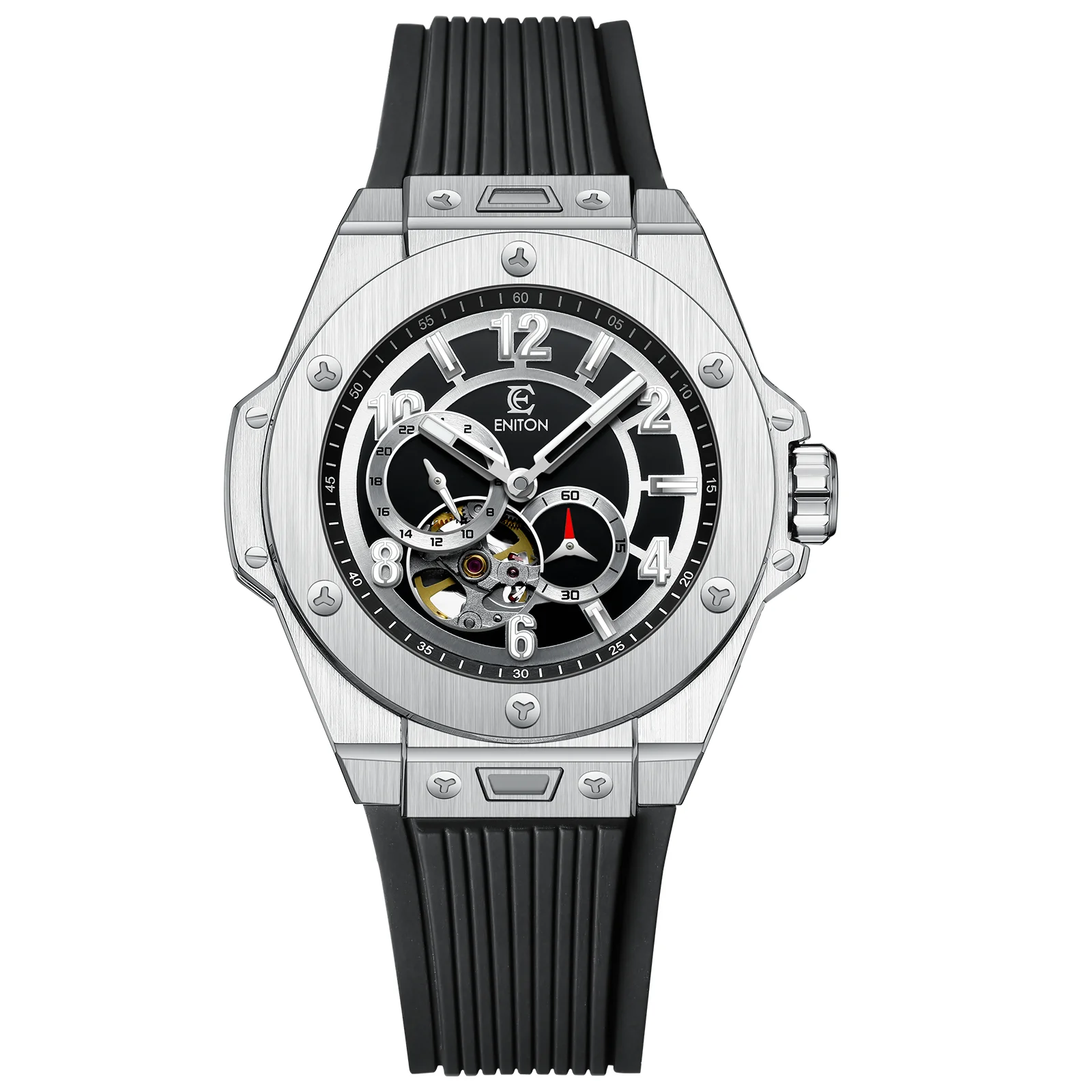 

ENITON Mechanical Wristwatch FKM Band 316L Steel 82S7 Japanese Movement Watch Automatic Skeleton Fashion Luminous Watch for Men