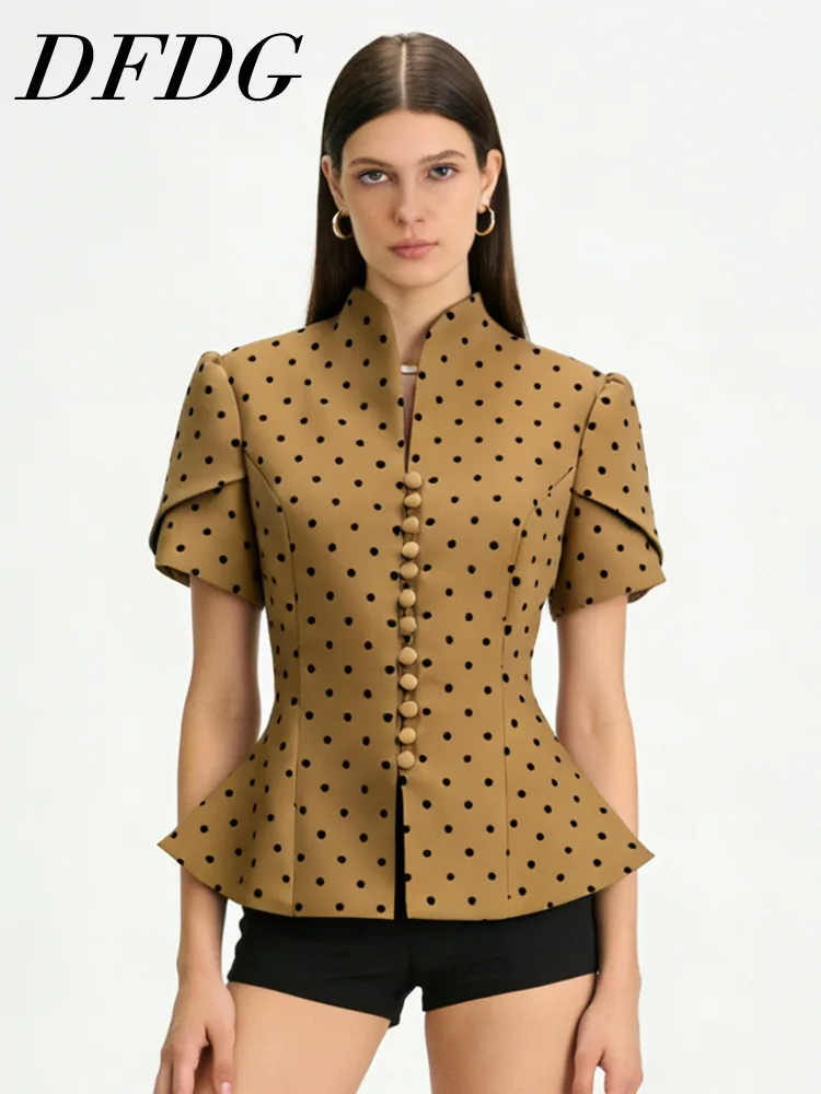 

DFDG Women's Spring Summer Stand Collar Polka Dot Print Short Sleeve Blazer Elegant Formal Office 2026 Feminine Fashion Blazer