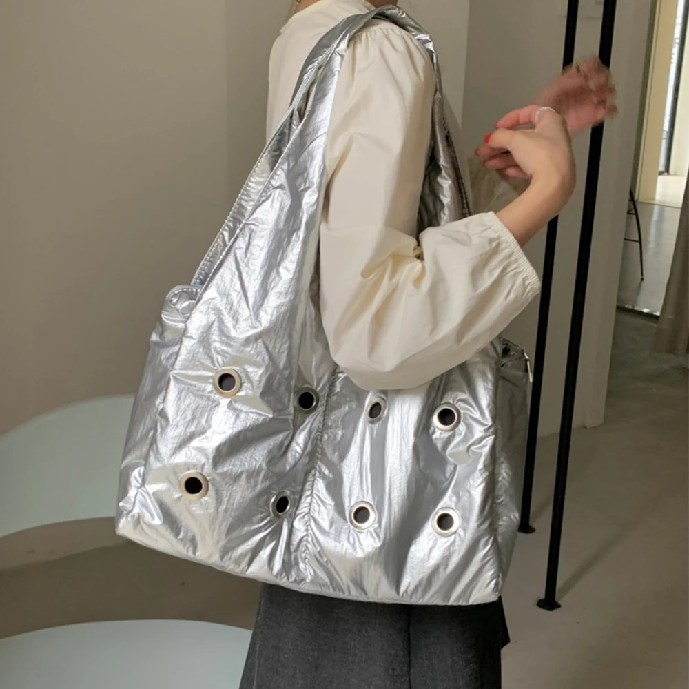 

Fashion Soft Nylon Shoulder Bag Hollow Studded Tote Bags for Women Punk Rivet Handbag Padded Shopper Purses Female Space Bags