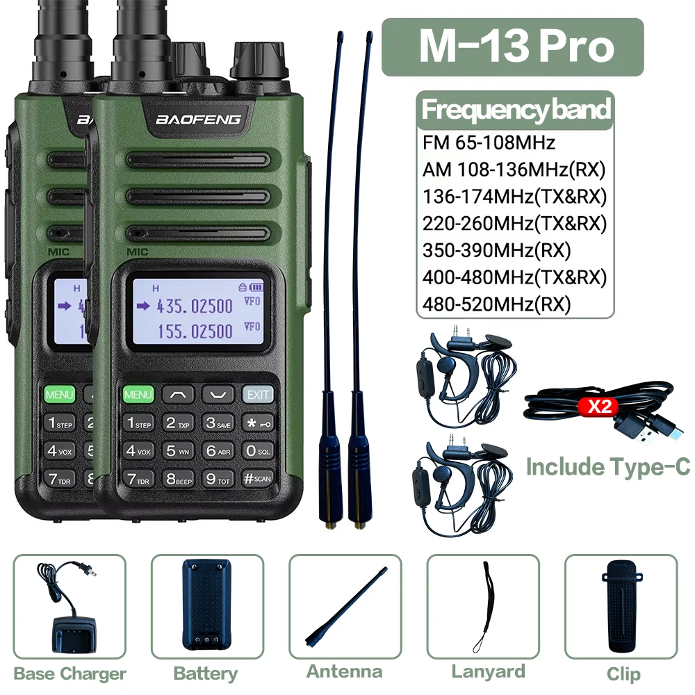 

1/2 Baofeng M-13 Pro Air Band Walkie Talkie Wireless Copy Frequency Multi Band NOAA Type-C AM Long Range UV 5R Ham Two Way Radio