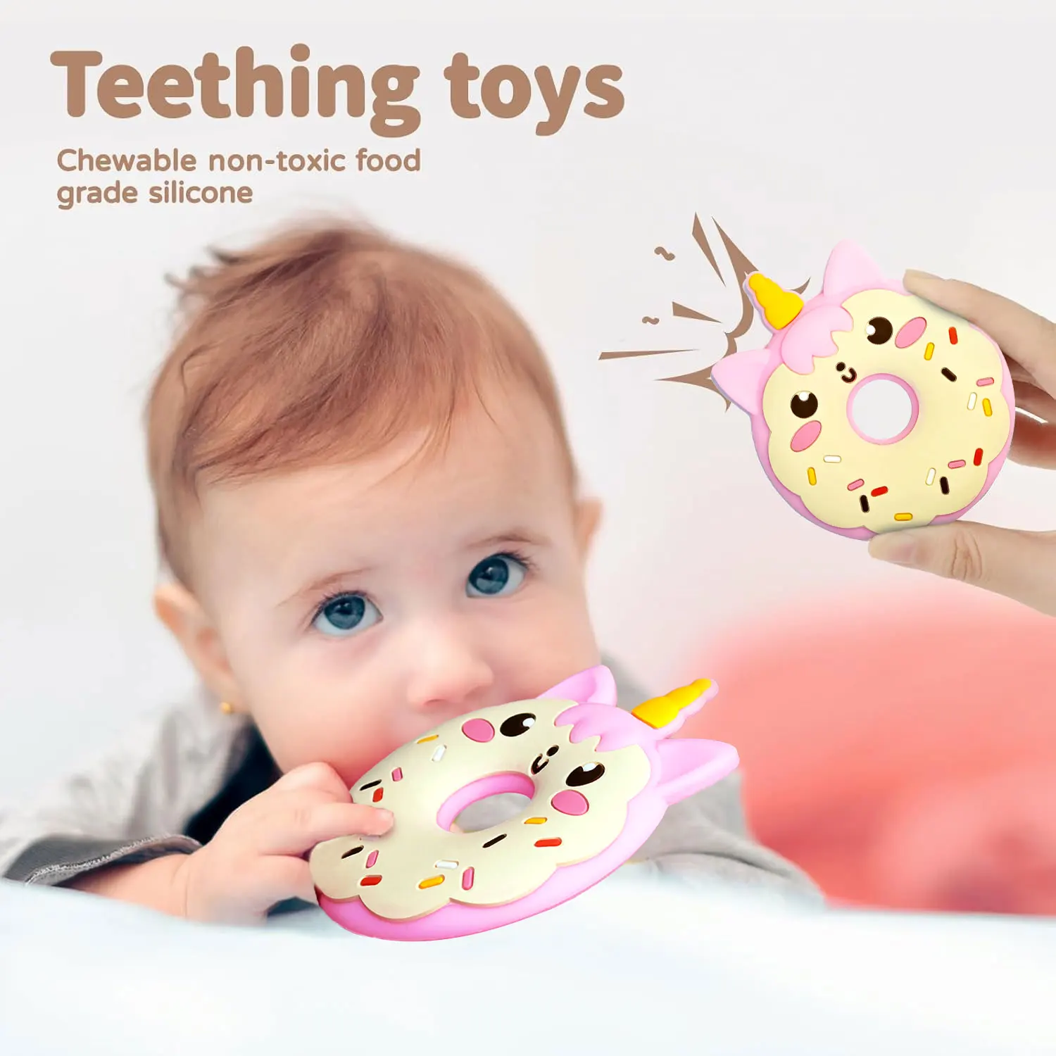 8 types Teething essential teethers, suitable for (3-12 months baby), donut unicorn shape design, silicone material teethers