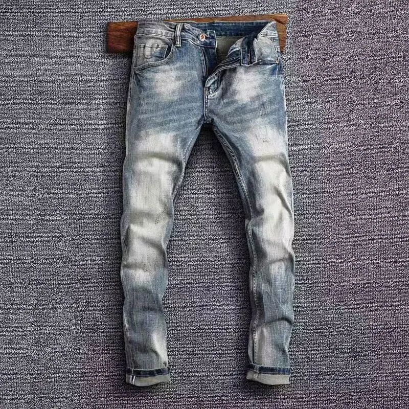 

Streetwear Fashion Men Jeans Retro Washed Elastic Slim Fit Ripped Jeans Men Trousers Vintage Designer Casual Denim Pants Hombre