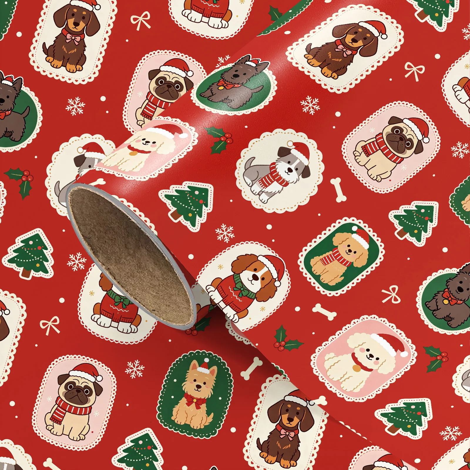 1 Roll of Red-Backed Christmas Cute Dog Wrapping Paper, Dog-Themed with Hats, Pet-Themed Holiday Gift DIY Decorative Paper, 43.2cm X 300cm (17inch X 9.84 Feet)