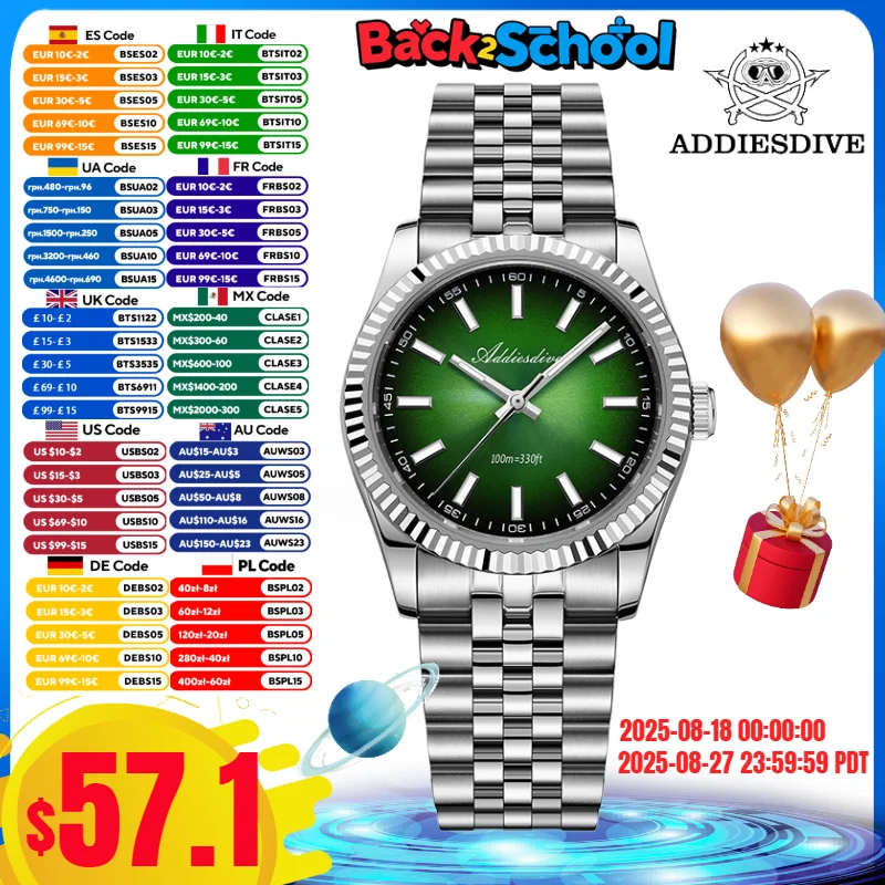 

ADDIESDIVE Men Diving Watch Jubilee Strap Sapphire Glass 10Bar Waterproof VH31 Quartz Watch reloj hombre BGW9 Super Luminous