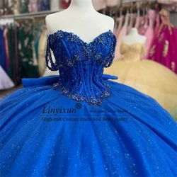 Royal Blue Shiny Quinceanera Dresses Sweetheart Tulle Off the Shoulder Beads Crystal Girls Birthday Princess 15 Party Prom Gowns