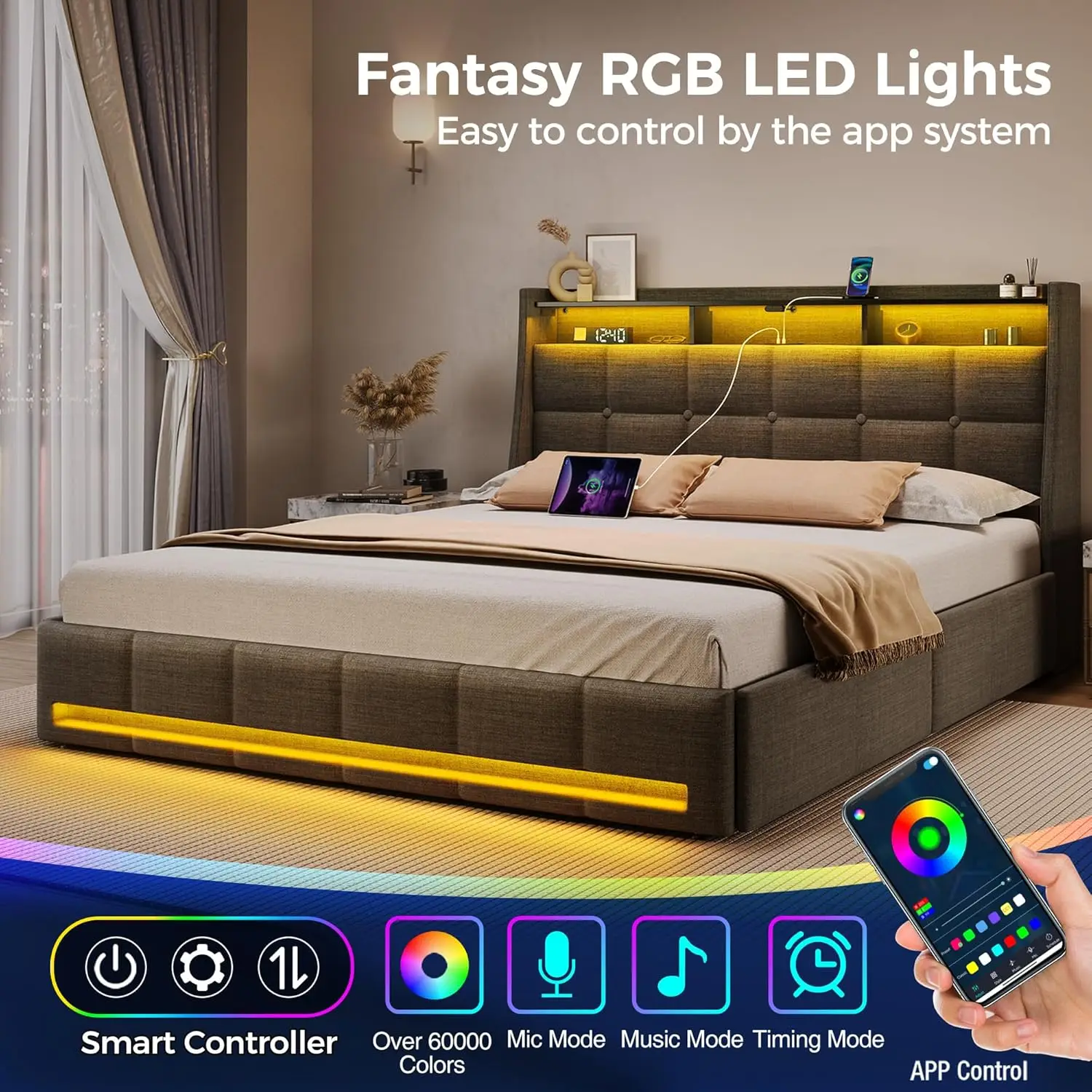 

Queen Size Bed Frame with LED Lights and Charging Station, Upholstered Bed Storage Headboard & Drawers, Heavy Duty Wood Slats